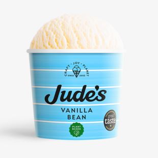 Vegan Vanilla Ice Cream in a Blue Cup with the text "Judes" Written across it